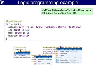 Macro method examples
See: https://github.com/touchez-du-bois/akatsuki
doWithData {
dowith:
assert a + b == c
where:
a | b || c
1 | 2 || 3
4 | 5 || 9
7 | 8 || 15
}
 