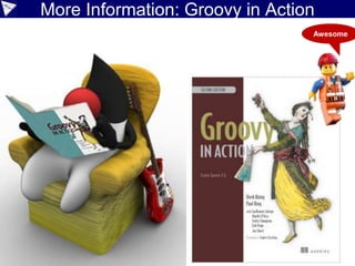 Command chains in DSLs
show = { println it }
square_root = { Math.sqrt(it) }
def please(action) {
[the: { what ->
[of: { n -> action(what(n)) }]
}]
}
please(show).the(square_root).of(100)
// ==> 10.0
… and again in another language …
 