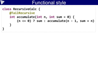 Logic programming example
Crane(2), Tortoise(4), Beetle(6), Centipede(100), Millipede(1000)
Solution: Tortoise = 3, Beetle = 23
Solution: Crane = 1, Tortoise = 1, Beetle = 24
Solution: Crane = 25, Centipede = 1
dslTyped/ChocoCraneTortoiseDSL.groovy
80 lines to define the DSL
@TypeChecked
def main() {
animals seen include Crane, Tortoise, Beetle, Centipede
leg count is 150
head count is 26
display solution
}
 