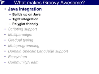 Or typed Groovy DSL version if required
given the names "Ted", "Fred", "Jed" and "Ned"
display all the names
display the number of names having size less than 4
display the names having size less than 4
…
enum The { the }
enum Having { having }
enum Of { of }
…
class DisplayThe {
DisplayTheNamesHaving names(Having having) {
new DisplayTheNamesHaving()
}
DisplayTheNumberOf number(Of of) {
new DisplayTheNumberOf()
}
}
…
// plus 50 lines
 
