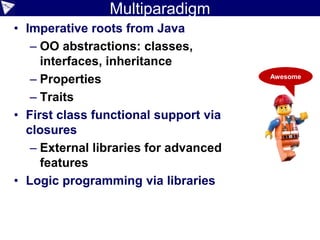 Java Integration
• Polyglot friendly: R integration
@GrabResolver('https://nexus.bedatadriven.com/content/groups/public')
@Grab('org.renjin:renjin-script-engine:0.7.0-RC7')
import javax.script.ScriptEngineManager
def mgr = new ScriptEngineManager()
def engine = mgr.getEngineByName('Renjin')
engine.with {
eval '''
factorial <- function(x) {
y <- 1
for (i in 1:x) { y <- y * i }
return(y)
}
'''
assert eval('factorial(4)')[0] == 24
}
Java
GroovyR
 
