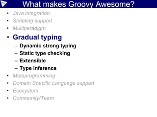 map/filter/reduce (+ with streams)
@Canonical
class Person {
String name
int age
}
def people = [
new Person('Peter', 45),
new Person('Paul', 35),
new Person('Mary', 25)
]
assert people
.findAll{ it.age < 40 }
.collect{ it.name.toUpperCase() }
.sort()
.join(', ') == 'MARY, PAUL'
// requires JRE 8
def commaSep = Collectors.joining(", ")
assert people.stream()
.filter{ it.age < 40 }
.map{ it.name.toUpperCase() }
.sorted()
.collect(commaSep) == 'MARY, PAUL'
 