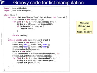 Why Groovy?
Groovy
Make it
simplerMake it
dynamic
Support
simple
scripting
Java
integration
 