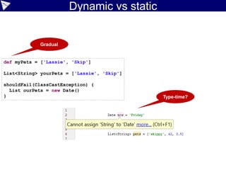 Constraint programming example
@Grab('org.choco-solver:choco-solver:4.0.4')
import org.chocosolver.solver.Model
def m = new Model()
def totalAnimals = 7
def totalLegs = 20
def numCranes = m.intVar('Cranes', 0, totalAnimals, true)
def numTortoises = m.intVar('Tortoises', 0, totalAnimals, true)
def numCraneLegs = m.intScaleView(numCranes, 2)
def numTortoiseLegs = m.intScaleView(numTortoises, 4)
m.arithm(numCranes, '+', numTortoises, '=', totalAnimals).post()
m.arithm(numCraneLegs, '+', numTortoiseLegs, '=', totalLegs).post()
if (m.solver.solve())
println "$numCranesn$numTortoises"
else
println "No Solutions" Cranes = 4
Tortoises = 3
ChocoCraneTortoise.groovy
See also: JSR-331 Constraint Programming API
 