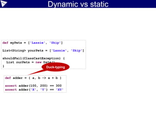 GPars
• Library classes and DSL allowing
you to handle tasks concurrently:
• Data Parallelism map, filter, reduce functionality
in parallel with parallel array support
• Asynchronous functions extend the Java executor
services to enable multi-threaded closure processing
• Dataflow Concurrency supports natural
shared-memory concurrency model, using
single-assignment variables
• Actors provide Erlang/Scala-like actors
including "remote" actors on other machines
• Safe Agents provide a non-blocking mt-safe
reference to mutable state; like "agents" in Clojure
72
Awesome
 