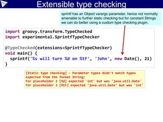 Concurrency challenge
• And with GPars Dataflows:
def (f1, f2, f3, f4) = [{ sleep 1000; it }] * 3 +
[{ x, y -> x + y }]
import groovyx.gpars.dataflow.Dataflows
import static groovyx.gpars.dataflow.Dataflow.task
new Dataflows().with {
task { a = 5 }
task { b = f1(a) }
task { c = f2(a) }
task { d = f3(c) }
task { f = f4(b, d) }
assert f == 10
}
f2
f3
f1
f4
aa
b
c
d
f
 