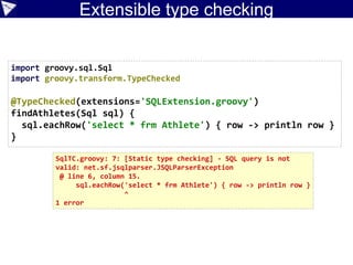 Concurrency challenge
• And with GPars Dataflows:
def (f1, f2, f3, f4) = [{ sleep 1000; it }] * 3 +
[{ x, y -> x + y }]
import groovyx.gpars.dataflow.Dataflows
import static groovyx.gpars.dataflow.Dataflow.task
new Dataflows().with {
task { f = f4(b, d) }
task { d = f3(c) }
task { c = f2(a) }
task { b = f1(a) }
task { a = 5 }
assert f == 10
}
f2
f3
f1
f4
aa
b
c
d
f
 