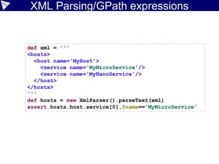 Dynamic vs static
85
def adder = { a, b -> a + b }
assert adder(100, 200) == 300
assert adder('X', 'Y') == 'XY'
def myPets = ['Lassie', 'Skip']
List<String> yourPets = ['Lassie', 'Skip']
shouldFail(ClassCastException) {
List ourPets = new Date()
}
Duck-typing
 