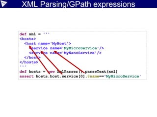 Dynamic vs static
86
def adder = { a, b -> a + b }
assert adder(100, 200) == 300
assert adder('X', 'Y') == 'XY'
def myPets = ['Lassie', 'Skip']
List<String> yourPets = ['Lassie', 'Skip']
shouldFail(ClassCastException) {
List ourPets = new Date()
}
@TypeChecked
def myMethod() {
def myPets = ['Lassie', 'Skip']
List yourPets = ['Lassie', 'Skip']
}
shouldFail(CompilationFailedException) {
assertScript '''
@groovy.transform.TypeChecked
def yourMethod() {
List ourPets = new Date()
}
'''
}
 