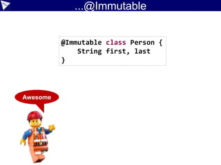 def xml = '''
<hosts>
<host name='MyHost'>
<service name='MyMicroService'/>
<service name='MyNanoService'/>
</host>
</hosts>
'''
def hosts = new XmlParser().parseText(xml)
assert hosts.host.service[0].@name=='MyMicroService'
XML Parsing/GPath expressions
 