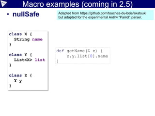 Compile-time metaprogramming
• Modify the program
at compile-time
@ToString
class Person {
String first, last
}
println new Person(first: 'John',
last: 'Smith')
// => Person(John, Smith)
 
