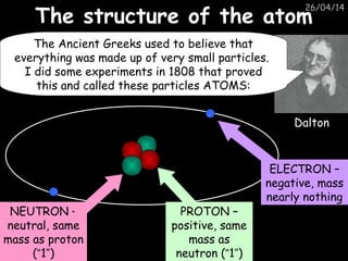 26/04/14
The structure of the atomThe structure of the atom
ELECTRON –
negative, mass
nearly nothing
PROTON –
positive, same
mass as
neutron (“1”)
NEUTRON –
neutral, same
mass as proton
(“1”)
The Ancient Greeks used to believe that
everything was made up of very small particles.
I did some experiments in 1808 that proved
this and called these particles ATOMS:
Dalton
 