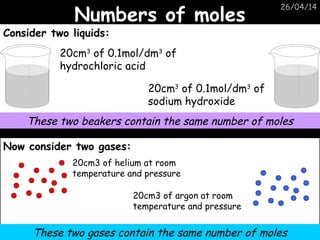 26/04/14
Numbers of molesNumbers of moles
Consider two liquids:
Now consider two gases:
20cm3
of 0.1mol/dm3
of
hydrochloric acid
20cm3
of 0.1mol/dm3
of
sodium hydroxide
These two beakers contain the same number of moles
20cm3 of helium at room
temperature and pressure
20cm3 of argon at room
temperature and pressure
These two gases contain the same number of moles
 