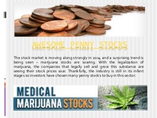 AWESOME PENNY STOCKS 
The stock market is moving along strongly in 2014 and a surprising trend is 
being seen – marijuana stocks are soaring. With the legalization of 
marijuana, the companies that legally sell and grow this substance are 
seeing their stock prices soar. Thankfully, the industry is still in its infant 
stages so investors have chosen many penny stocks to buy in this sector. 
 
