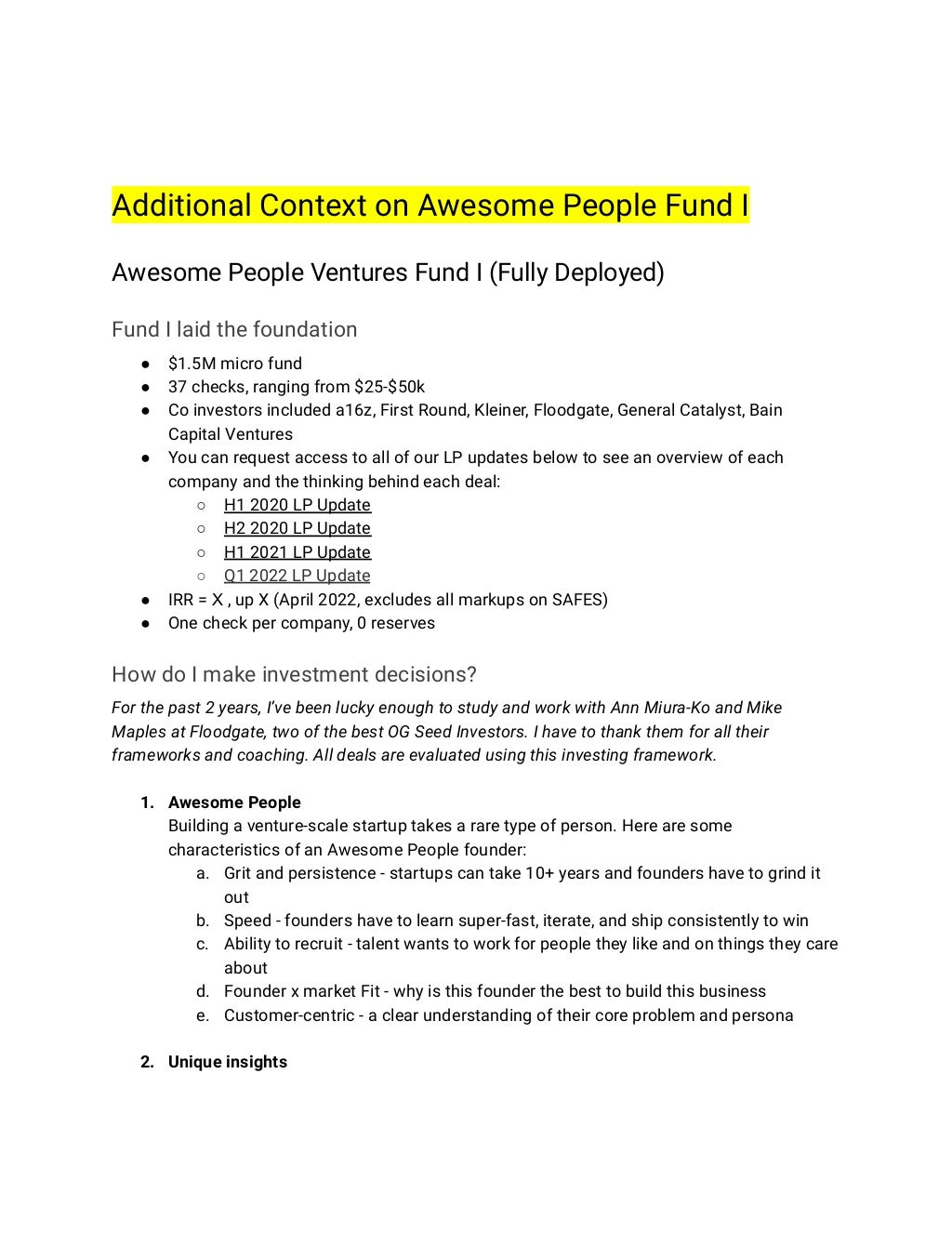 Awesome People Ventures - Fund 2 Memo - VC Pitch Deck Example | PDF