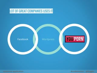 IS NOT THE OLD PLAIN-PHP
THE ECOSYSTEM IS GREAT
GIT COMPOSER SYMFONY2
DDD/TDD/BDD PHP-FIG BEST PRACTICES
awesome application #codemotion @liuggio
 