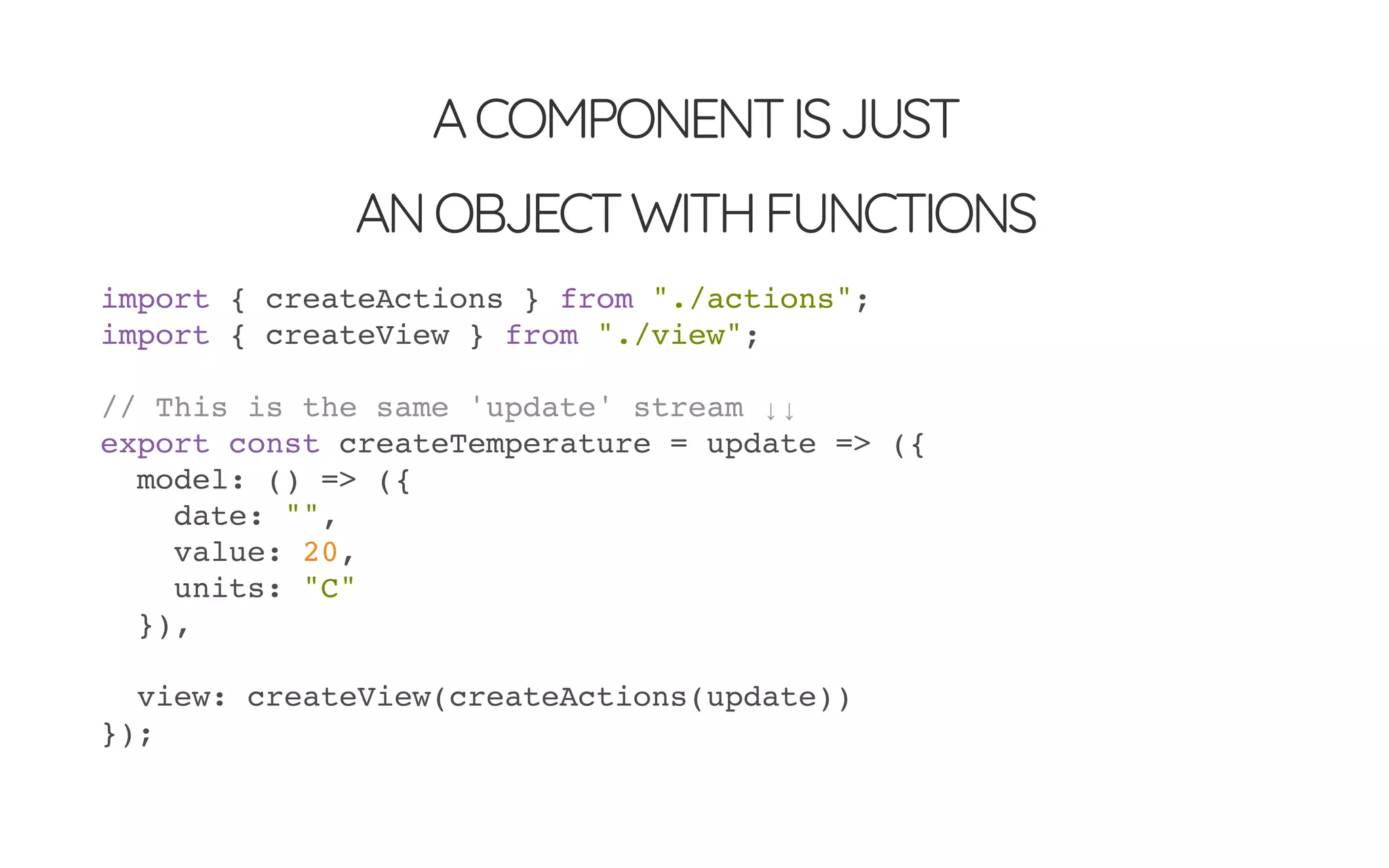 ACOMPONENTISJUST
ANOBJECTWITHFUNCTIONS
import { createActions } from "./actions";
import { createView } from "./view";
// This is the same 'update' stream ↓↓
export const createTemperature = update => ({
model: () => ({
date: "",
value: 20,
units: "C"
}),
view: createView(createActions(update))
});
 