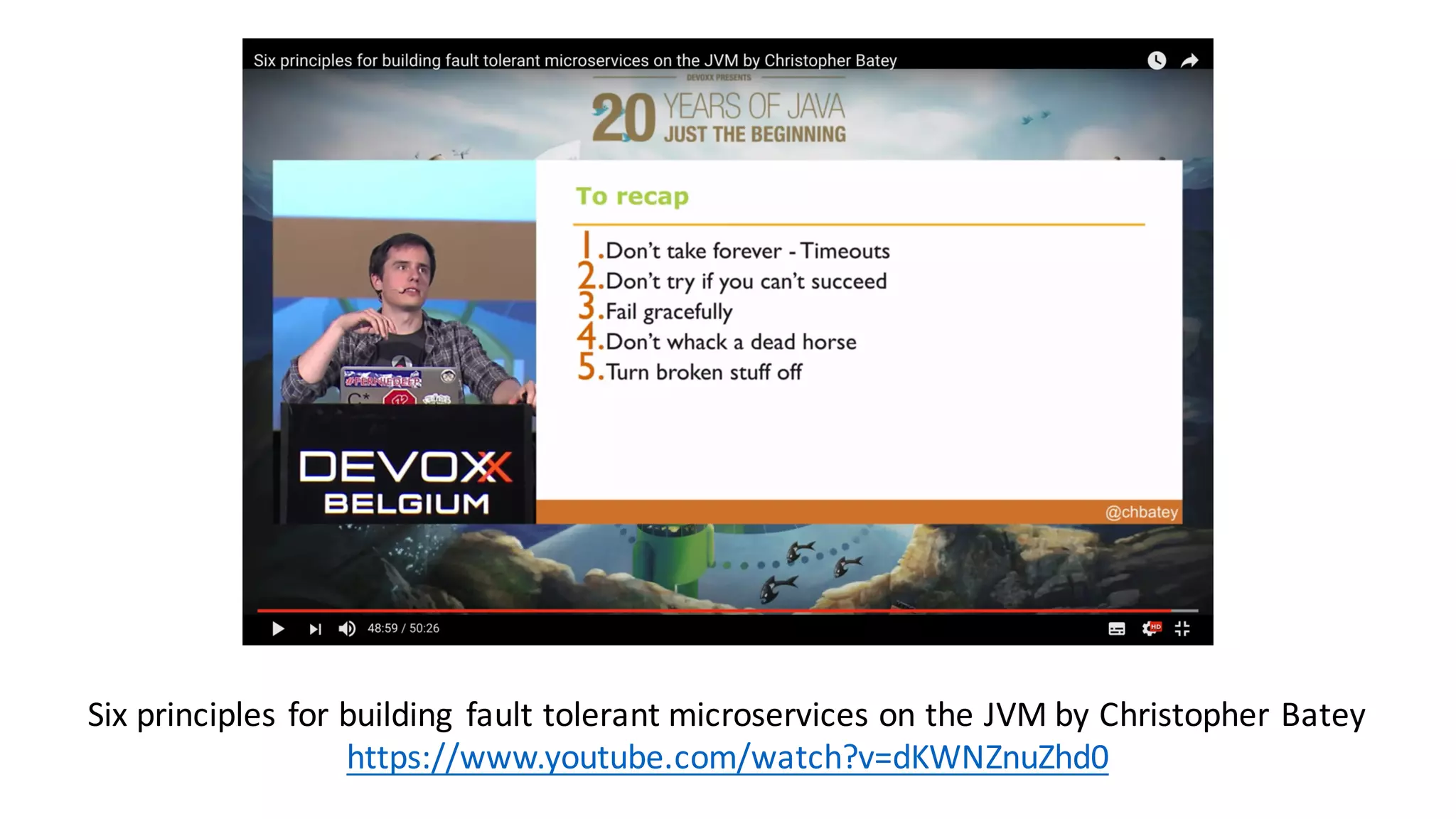 Six	principles	for	building	 fault	tolerant	microservices	on	the	JVM	by	Christopher	Batey
https://www.youtube.com/watch?v=dKWNZnuZhd0
 