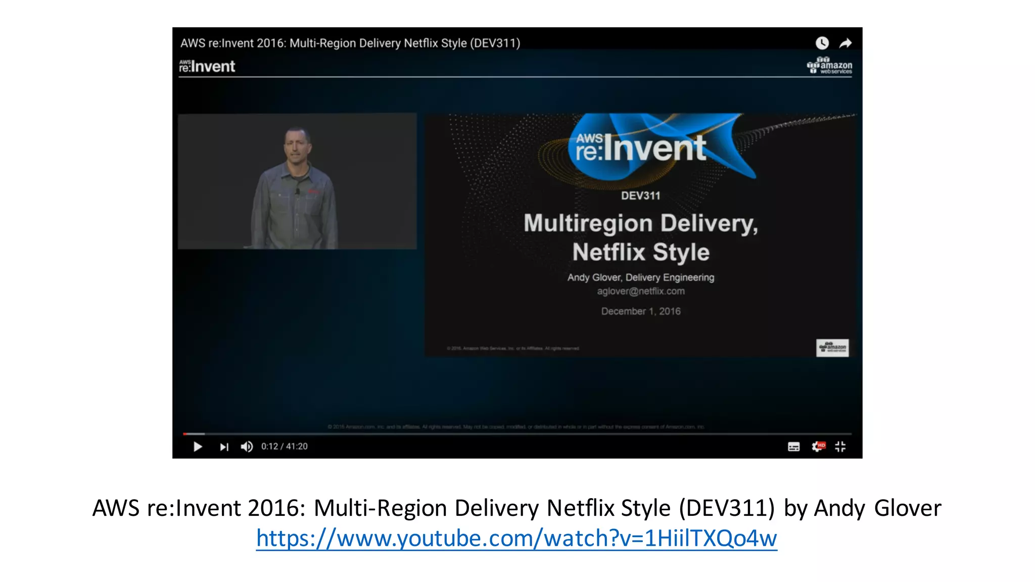 AWS	re:Invent 2016:	Multi-Region	Delivery	Netflix	Style	(DEV311) by	Andy	Glover
https://www.youtube.com/watch?v=1HiilTXQo4w
 