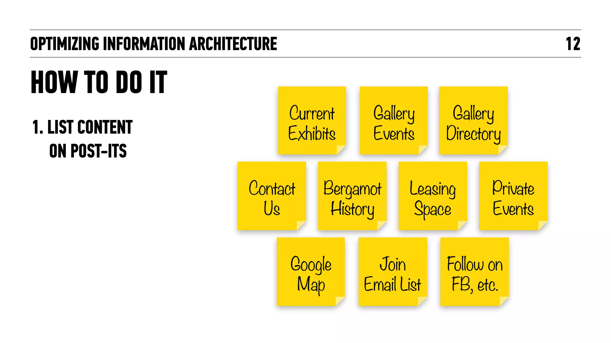 OPTIMIZING INFORMATION ARCHITECTURE
HOW TO DO IT
12
Current
Exhibits
Gallery
Events
Gallery
Directory
Private
Events
Leasing
Space
Bergamot
History
Contact
Us
Join
Email List
Google
Map
Follow on
FB, etc.
1. LIST CONTENT
ON POST-ITS
 