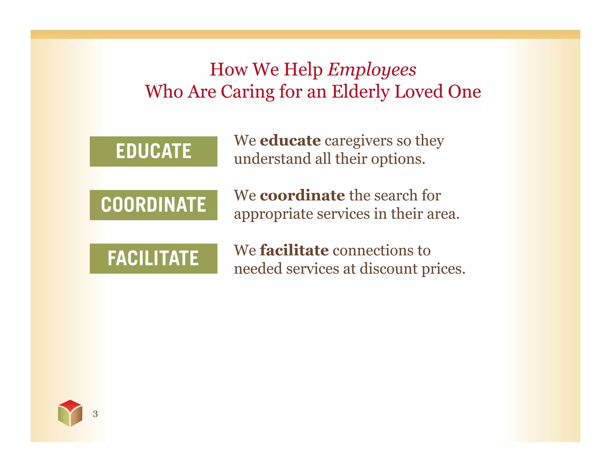 How We Help Employees
    Who Are Caring for an Elderly Loved One

              We educate caregivers so they
              understand all their options.

              We coordinate the search for
              appropriate services in their area.

              We facilitate connections to
              needed services at discount prices.




3
 