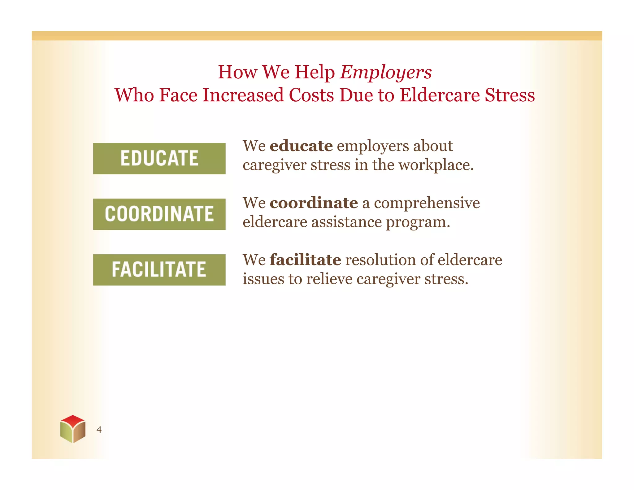 How We Help Employers
    Who Face Increased Costs Due to Eldercare Stress

                  We educate employers about
                  caregiver stress in the workplace.

                  We coordinate a comprehensive
                  eldercare assistance program.

                  We facilitate resolution of eldercare
                  issues to relieve caregiver stress.




4
 