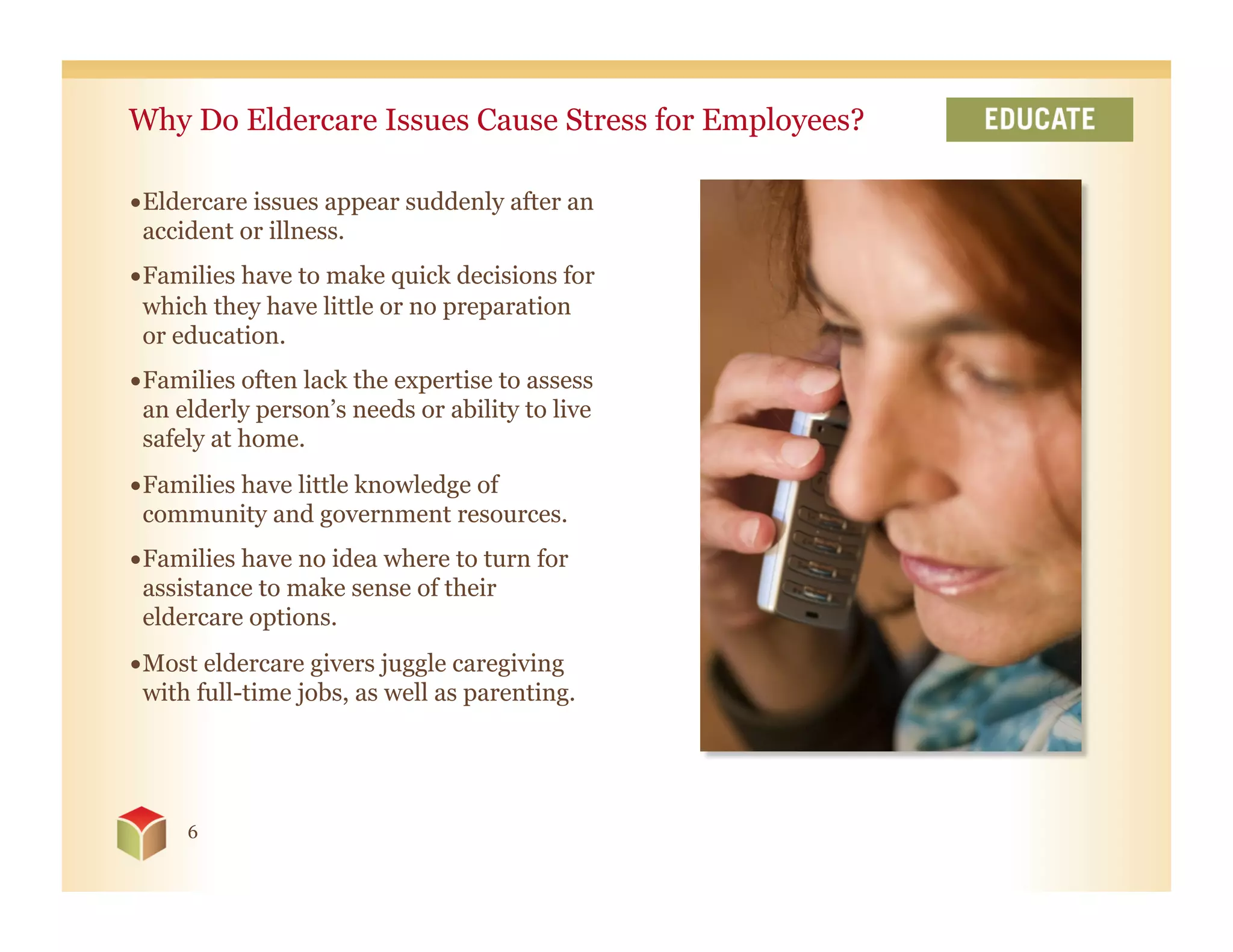Why Do Eldercare Issues Cause Stress for Employees?

• Eldercare issues appear suddenly after an
  accident or illness.
• Families have to make quick decisions for
  which they have little or no preparation
  or education.
• Families often lack the expertise to assess
  an elderly person’s needs or ability to live
  safely at home.
• Families have little knowledge of
  community and government resources.
• Families have no idea where to turn for
  assistance to make sense of their
  eldercare options.
• Most eldercare givers juggle caregiving
  with full-time jobs, as well as parenting.




     6
 