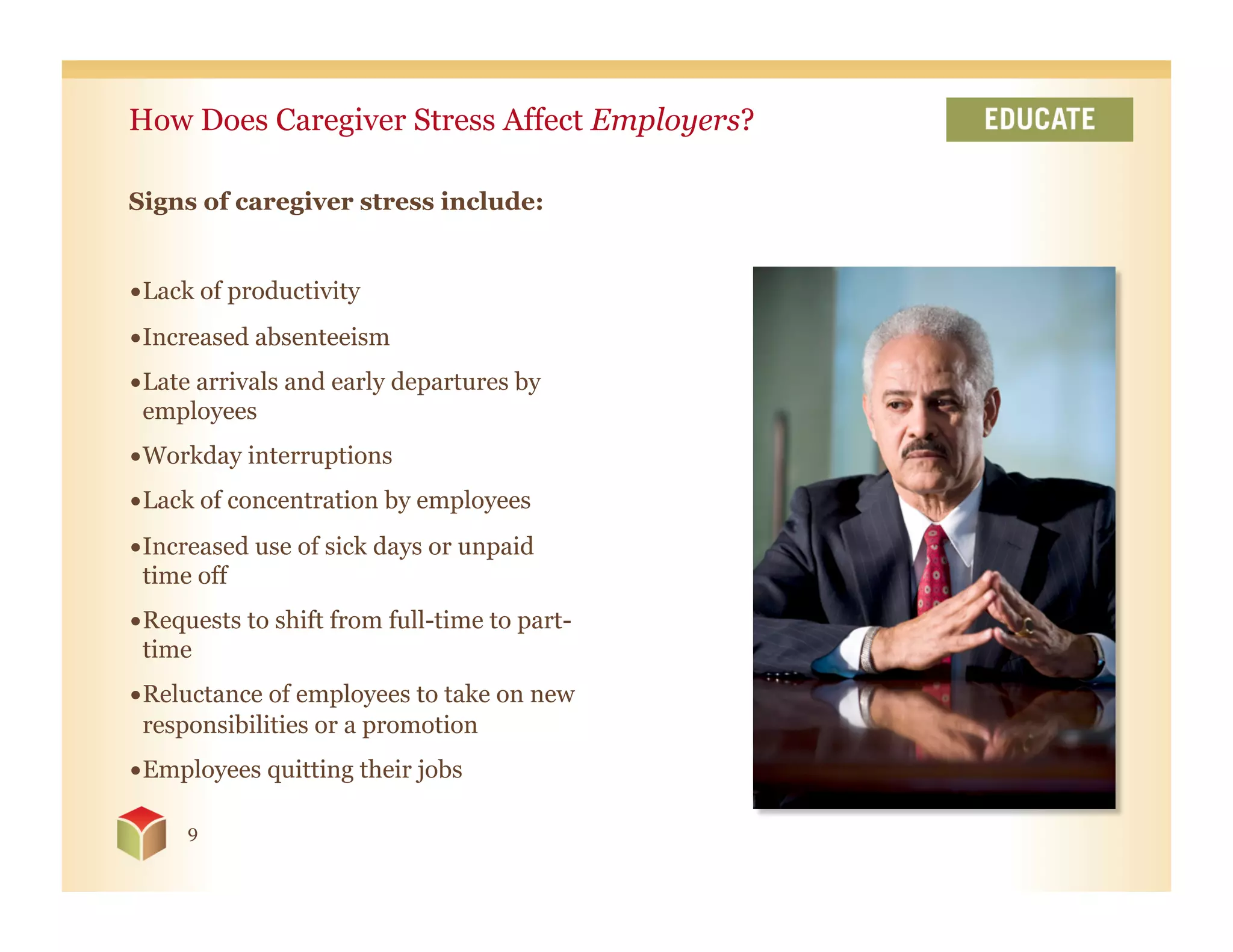 How Does Caregiver Stress Affect Employers?

Signs of caregiver stress include:


• Lack of productivity
• Increased absenteeism
• Late arrivals and early departures by
  employees
• Workday interruptions
• Lack of concentration by employees
• Increased use of sick days or unpaid
  time off
• Requests to shift from full-time to part-
  time
• Reluctance of employees to take on new
  responsibilities or a promotion
• Employees quitting their jobs

     9
 