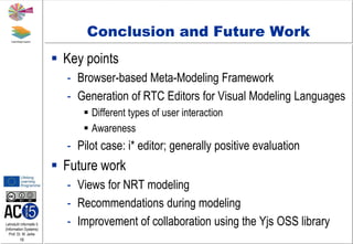 Lehrstuhl Informatik 5
(Information Systems)
Prof. Dr. M. Jarke
18
Conclusion and Future Work
 Key points
- Browser-based Meta-Modeling Framework
- Generation of RTC Editors for Visual Modeling Languages
 Different types of user interaction
 Awareness
- Pilot case: i* editor; generally positive evaluation
 Future work
- Views for NRT modeling
- Recommendations during modeling
- Improvement of collaboration using the Yjs OSS library
 