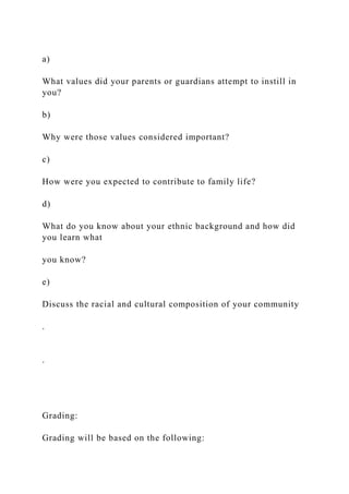 a)
What values did your parents or guardians attempt to instill in
you?
b)
Why were those values considered important?
c)
How were you expected to contribute to family life?
d)
What do you know about your ethnic background and how did
you learn what
you know?
e)
Discuss the racial and cultural composition of your community
.
.
Grading:
Grading will be based on the following:
 