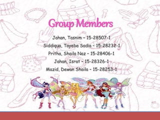 GroupMembers
Jahan, Tasnim – 15-28507-1
Siddiqua, Tayeba Sadia – 15-28232-1
Pritha, Shaila Naz – 15-28406-1
Jahan, Israt – 15-28326-1
Mazid, Dewan Shaila – 15-28253-1