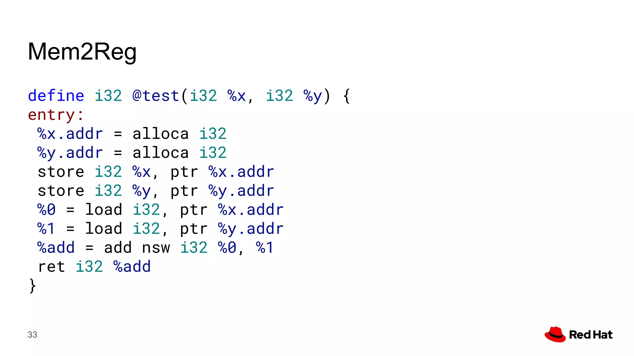 Mem2Reg
define i32 @test(i32 %x, i32 %y) {
entry:
%x.addr = alloca i32
%y.addr = alloca i32
store i32 %x, ptr %x.addr
store i32 %y, ptr %y.addr
%0 = load i32, ptr %x.addr
%1 = load i32, ptr %y.addr
%add = add nsw i32 %0, %1
ret i32 %add
}
33
 