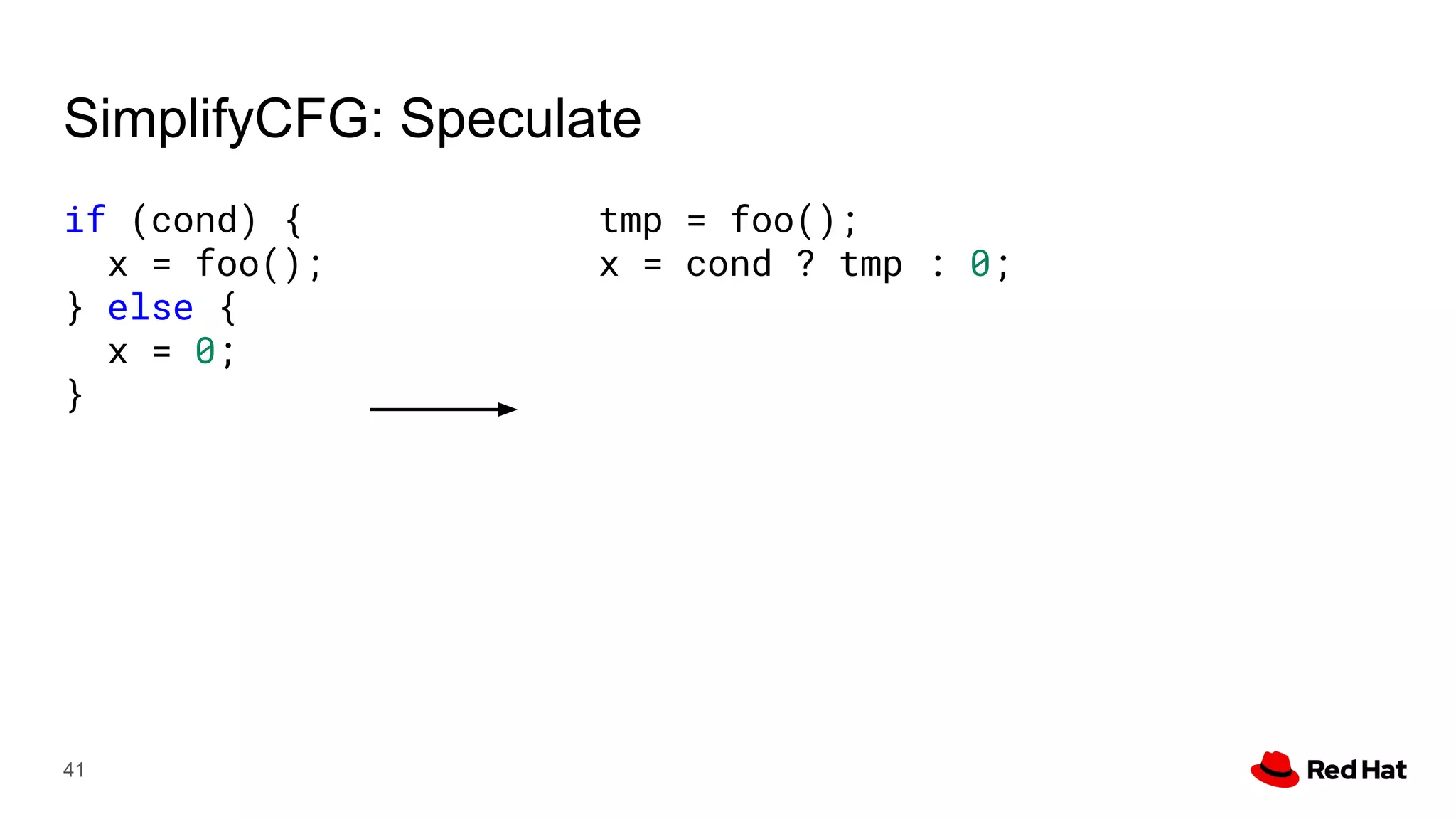 SimplifyCFG: Speculate
if (cond) {
x = foo();
} else {
x = 0;
}
41
tmp = foo();
x = cond ? tmp : 0;
 