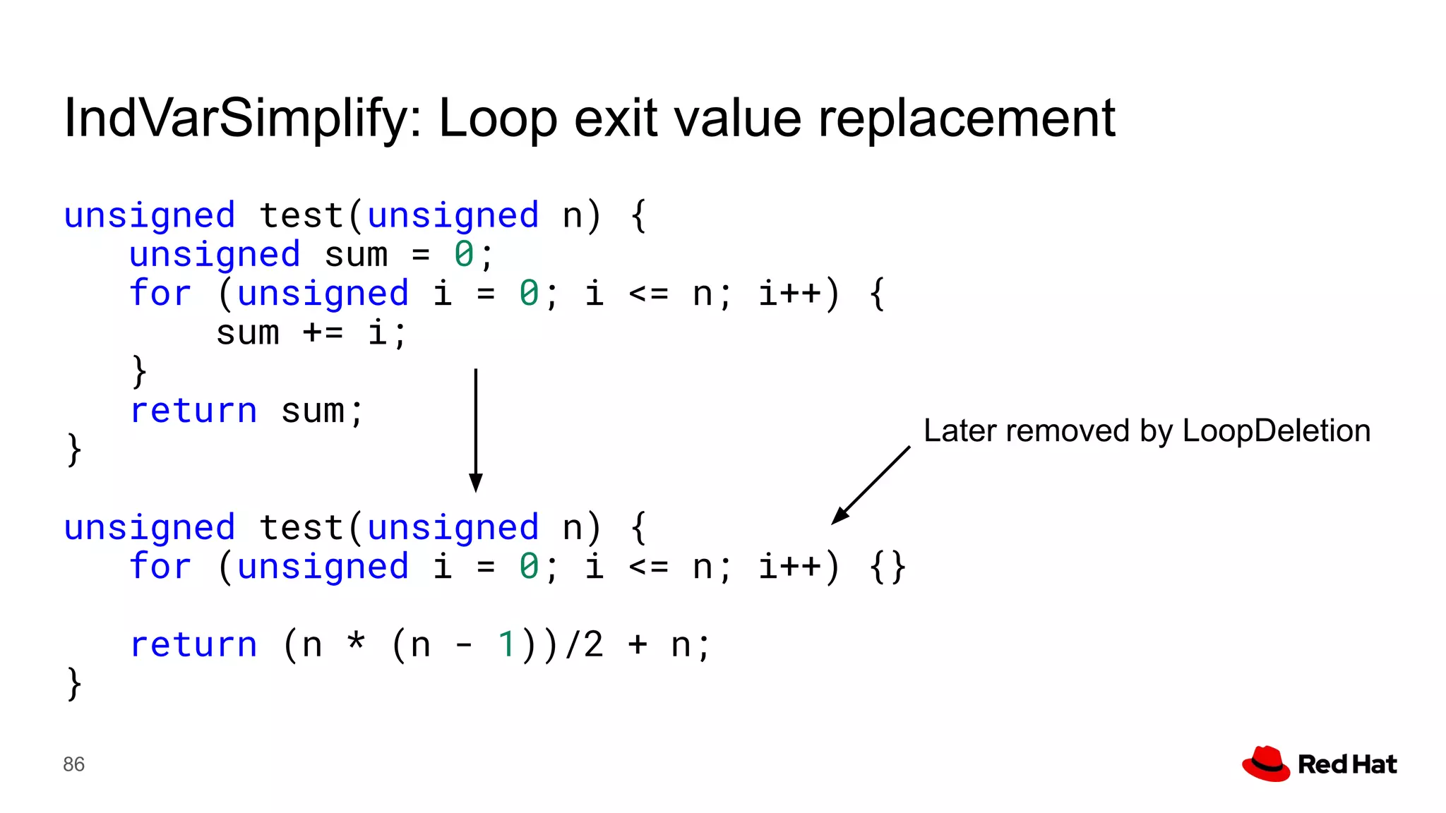 IndVarSimplify: Loop exit value replacement
unsigned test(unsigned n) {
unsigned sum = 0;
for (unsigned i = 0; i <= n; i++) {
sum += i;
}
return sum;
}
unsigned test(unsigned n) {
for (unsigned i = 0; i <= n; i++) {}
return (n * (n - 1))/2 + n;
}
86
Later removed by LoopDeletion
 