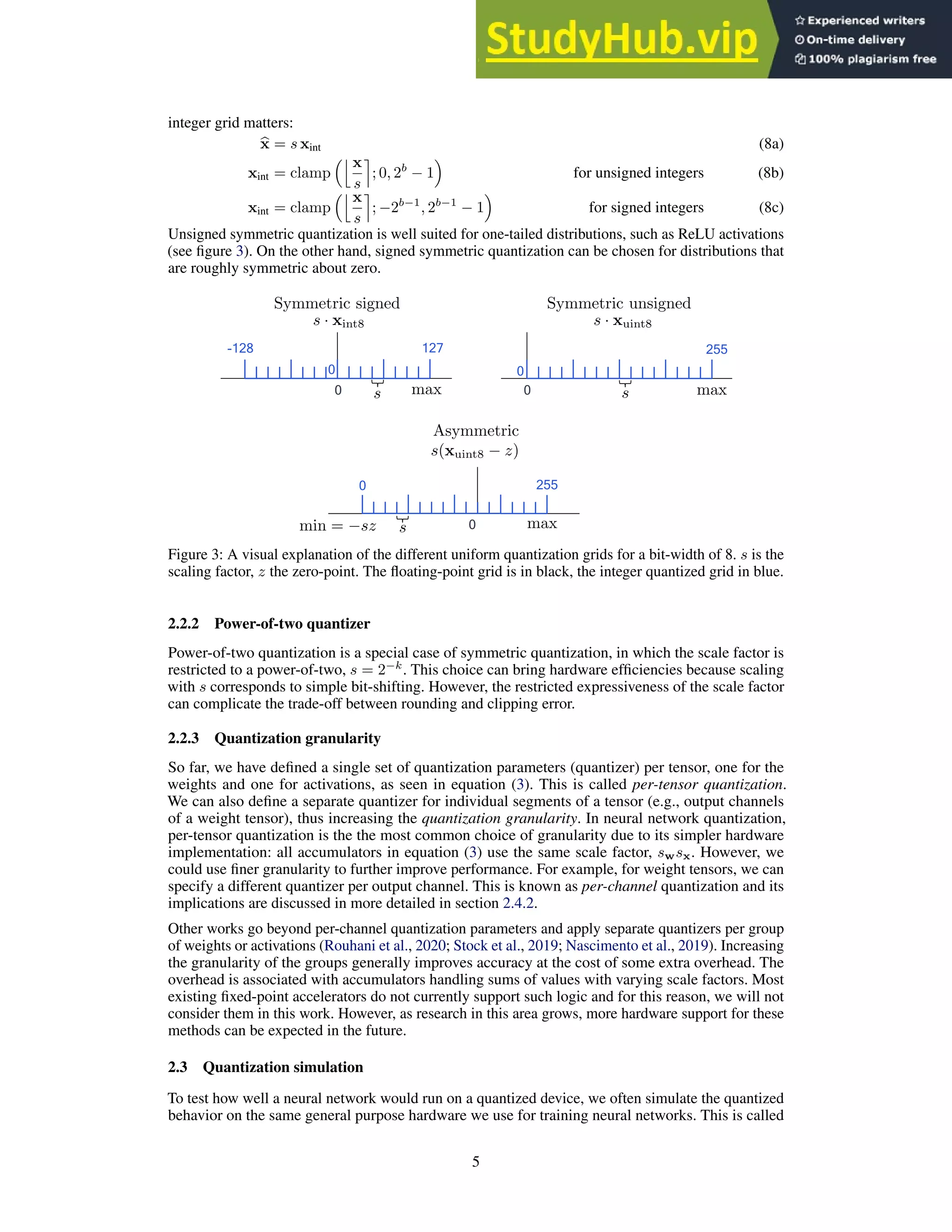 integer grid matters:
b
x = s xint (8a)
xint = clamp
jx
s
m
; 0, 2b
− 1

for unsigned integers (8b)
xint = clamp
jx
s
m
; −2b−1
, 2b−1
− 1

for signed integers (8c)
Unsigned symmetric quantization is well suited for one-tailed distributions, such as ReLU activations
(see figure 3). On the other hand, signed symmetric quantization can be chosen for distributions that
are roughly symmetric about zero.
0
0
0 latexit sha1_base64=KWF1WsL3Cx0f3yYpGDxUvz20H+g=AAAB6HicbVBNS8NAEJ34WetX1aOXxSJ4Kkkp6rHgxWML9gPaUDbbSbt2swm7G6GE/gIvHhTx6k/y5r9x2+agrQ8GHu/NMDMvSATXxnW/nY3Nre2d3cJecf/g8Oi4dHLa1nGqGLZYLGLVDahGwSW2
DDcCu4lCGgUCO8Hkbu53nlBpHssHM03Qj+hI8pAzaqzU1INS2a24C5B14uWkDDkag9JXfxizNEJpmKBa9zw3MX5GleFM4KzYTzUmlE3oCHuWShqh9rPFoTNyaZUhCWNlSxqyUH9PZDTSehoFtjOiZqxXvbn4n9dLTXjrZ1wmqUHJlovCVBATk/nXZMgVMiOmllCmuL2V sDFVlBmbTdGG4K2+vE7a1Yp3Xak2a+V6LY+jAOdwAVfgwQ3U4R4a0AIGCM/wCm/Oo/PivDsfy9YNJ585gz9wPn8A3LmM8A==/latexit
s
latexit sha1_base64=+Fy6cPh/qqHpQFs8d3cpWayzoQ8=AAAB+XicbVBNS8NAEN3Ur1q/oh69LBbBU0mKqMeCF48V7Qe0oWw2k3bp7ibsbgol9J948aCIV/+JN/+N2zYHbX0w8Hhvhpl5YcqZNp737ZQ2Nre2d8q7lb39g8Mj9/ikrZNMUWjRhCeqGxINnElo GWY4dFMFRIQcOuH4bu53JqA0S+STmaYQCDKULGaUGCsNXPdxKgQYxSjWbCghGrhVr+YtgNeJX5AqKtAcuF/9KKGZAGkoJ1r3fC81QU6UYZTDrNLPNKSEjskQepZKIkAH+eLyGb6wSoTjRNmSBi/U3xM5EVpPRWg7BTEjverNxf+8Xmbi2yBnMs0MSLpcFGccmwTPY8AR
U0ANn1pCqGL2VkxHRBFqbFgVG4K/+vI6addr/nWt/lCvNq6KOMroDJ2jS+SjG9RA96iJWoiiCXpGr+jNyZ0X5935WLaWnGLmFP2B8/kDnHaTmQ==/latexit
Symmetric signed
latexit sha1_base64=LAN1Fz9JJpBsYhcuRNmqr7w7Hzc=AAACCHicbVDLSsNAFJ34rPVVdenCwSK4Kkkp2mXBjcsK9gFNCJPJpB06eTBzIy0hSzf+ihsXirj1E9z5N07bLLT1wMDhnHuZe46XCK7ANL+NtfWNza3t0k55d2//4LBydNxVcSop69BYxLLvEcUE j1gHOAjWTyQjoSdYzxvfzPzeA5OKx9E9TBPmhGQY8YBTAlpyK2fKpn4M2A4JjLwgm+RuZgObQMYjaOa5W6maNXMOvEqsglRRgbZb+bL9mKYhi4AKotTAMhNwMiKBU8Hysp0qlhA6JkM20DQiIVNONg+S4wut+DiIpX4R4Ln6eyMjoVLT0NOTs3vVsjcT//MGKQRNR0dK UmARXXwUpAJDjGetYJ9LRkFMNSFUcn0rpiMiCQXdXVmXYC1HXiXdes26qtXvGtVWo6ijhE7RObpEFrpGLXSL2qiDKHpEz+gVvRlPxovxbnwsRteMYucE/YHx+QMcwpqk/latexit
s · xint8
latexit sha1_base64=wQVDMLDEUIqvtUS9drDQVQOpZco=AAACCXicbVDLSsNAFJ3UV62vqks3g0VwVZJStMuCG5cV7AOaEiaTSTt0MgkzN9ISsnXjr7hxoYhb/8Cdf+P0sdDWAxcO59zLvff4ieAabPvbKmxsbm3vFHdLe/sHh0fl45OOjlNFWZvGIlY9n2gm uGRt4CBYL1GMRL5gXX98M/O7D0xpHst7mCZsEJGh5CGnBIzklbF2aRADdiMCIz/MJrmXucAmkKVcQiPPvXLFrtpz4HXiLEkFLdHyyl9uENM0YhKoIFr3HTuBQUYUcCpYXnJTzRJCx2TI+oZKEjE9yOaf5PjCKAEOY2VKAp6rvycyEmk9jXzTOTtYr3oz8T+vn0LYGGRc JikwSReLwlRgiPEsFhxwxSiIqSGEKm5uxXREFKFgwiuZEJzVl9dJp1Z1rqq1u3qlWV/GUURn6BxdIgddoya6RS3URhQ9omf0it6sJ+vFerc+Fq0Fazlziv7A+vwBAG+bIw==/latexit
s · xuint8
0
255
latexit sha1_base64=KWF1WsL3Cx0f3yYpGDxUvz20H+g=AAAB6HicbVBNS8NAEJ34WetX1aOXxSJ4Kkkp6rHgxWML9gPaUDbbSbt2swm7G6GE/gIvHhTx6k/y5r9x2+agrQ8GHu/NMDMvSATXxnW/nY3Nre2d3cJecf/g8Oi4dHLa1nGqGLZYLGLVDahGwSW2
DDcCu4lCGgUCO8Hkbu53nlBpHssHM03Qj+hI8pAzaqzU1INS2a24C5B14uWkDDkag9JXfxizNEJpmKBa9zw3MX5GleFM4KzYTzUmlE3oCHuWShqh9rPFoTNyaZUhCWNlSxqyUH9PZDTSehoFtjOiZqxXvbn4n9dLTXjrZ1wmqUHJlovCVBATk/nXZMgVMiOmllCmuL2V sDFVlBmbTdGG4K2+vE7a1Yp3Xak2a+V6LY+jAOdwAVfgwQ3U4R4a0AIGCM/wCm/Oo/PivDsfy9YNJ585gz9wPn8A3LmM8A==/latexit
s
latexit sha1_base64=BXQfQ41gDqSWSLOzY4///IszX2g=AAAB+3icbVBNS8NAEN34WetXrEcvi0XwVJIi6rHgxWNF+wFtKJvNtF26uwm7GzGE/hUvHhTx6h/x5r9x2+agrQ8GHu/NMDMvTDjTxvO+nbX1jc2t7dJOeXdv/+DQPaq0dZwqCi0a81h1Q6KBMwkt wwyHbqKAiJBDJ5zczPzOIyjNYvlgsgQCQUaSDRklxkoDt3KfCQFGMYpTqdlIQjRwq17NmwOvEr8gVVSgOXC/+lFMUwHSUE607vleYoKcKMMoh2m5n2pICJ2QEfQslUSADvL57VN8ZpUID2NlSxo8V39P5ERonYnQdgpixnrZm4n/eb3UDK+DnMkkNSDpYtEw5djEeBYE jpgCanhmCaGK2VsxHRNFqLFxlW0I/vLLq6Rdr/mXtfpdvdq4KOIooRN0is6Rj65QA92iJmohip7QM3pFb87UeXHenY9F65pTzByjP3A+fwBMZZSQ/latexit
Symmetric unsigned
latexit sha1_base64=UwZKxCfWWgLJS364fOkrkkiOzms=AAAB8XicbVDLSgMxFM3UV62vqks3wSK4KjNF1GXFjcsK9oHtUDLpnTY0kxmSO0IZ+hduXCji1r9x59+YtrPQ1gOBwzn3knNPkEhh0HW/ncLa+sbmVnG7tLO7t39QPjxqmTjVHJo8lrHuBMyAFAqa KFBCJ9HAokBCOxjfzvz2E2gjYvWAkwT8iA2VCAVnaKXHGzOJIkAteL9ccavuHHSVeDmpkByNfvmrN4h5GoFCLpkxXc9N0M+YRsElTEu91EDC+JgNoWupYhEYP5snntIzqwxoGGv7FNK5+nsjY5Gx0QI7GTEcmWVvJv7ndVMMr/1MqCRFUHzxUZhKijGdnU8HQgNHObGE
cS1sVspHTDOOtqSSLcFbPnmVtGpV77Jau69V6hd5HUVyQk7JOfHIFamTO9IgTcKJIs/klbw5xnlx3p2PxWjByXeOyR84nz/KFpDz/latexit
Asymmetric
0 255
latexit sha1_base64=KWF1WsL3Cx0f3yYpGDxUvz20H+g=AAAB6HicbVBNS8NAEJ34WetX1aOXxSJ4Kkkp6rHgxWML9gPaUDbbSbt2swm7G6GE/gIvHhTx6k/y5r9x2+agrQ8GHu/NMDMvSATXxnW/nY3Nre2d3cJecf/g8Oi4dHLa1nGqGLZYLGLVDahGwSW2 DDcCu4lCGgUCO8Hkbu53nlBpHssHM03Qj+hI8pAzaqzU1INS2a24C5B14uWkDDkag9JXfxizNEJpmKBa9zw3MX5GleFM4KzYTzUmlE3oCHuWShqh9rPFoTNyaZUhCWNlSxqyUH9PZDTSehoFtjOiZqxXvbn4n9dLTXjrZ1wmqUHJlovCVBATk/nXZMgVMiOmllCmuL2V
sDFVlBmbTdGG4K2+vE7a1Yp3Xak2a+V6LY+jAOdwAVfgwQ3U4R4a0AIGCM/wCm/Oo/PivDsfy9YNJ585gz9wPn8A3LmM8A==/latexit
s
latexit sha1_base64=88ad+IysUXrTTs3EV6DCXUwRgCQ=AAAB9XicbVBNSwMxEM36WetX1aOXYBG8WHZLUS9CwYvHCvYD2rVk02wbmmSXZFatS/+HFw+KePW/ePPfmLZ70NYHA4/3ZpiZF8SCG3Ddb2dpeWV1bT23kd/c2t7ZLeztN0yUaMrqNBKRbgXEMMEV
qwMHwVqxZkQGgjWD4dXEb94zbXikbmEUM1+SvuIhpwSsdNcB9gip5Gp8eWqeuoWiW3KnwIvEy0gRZah1C1+dXkQTyRRQQYxpe24Mfko0cCrYON9JDIsJHZI+a1uqiGTGT6dXj/GxVXo4jLQtBXiq/p5IiTRmJAPbKQkMzLw3Ef/z2gmEF37KVZwAU3S2KEwEhghPIsA9 rhkFMbKEUM3trZgOiCYUbFB5G4I3//IiaZRL3lmpfFMpVitZHDl0iI7QCfLQOaqia1RDdUSRRs/oFb05D86L8+58zFqXnGzmAP2B8/kD2iGSsw==/latexit
min = −sz
latexit sha1_base64=OXdvs7X7RdZOZARTQeZFogawHdU=AAAB6nicbVBNSwMxEJ3Ur1q/qh69BIvgqewWUY8FLx4r2g9ol5JNs21okl2SrFiW/gQvHhTx6i/y5r8xbfegrQ8GHu/NMDMvTAQ31vO+UWFtfWNzq7hd2tnd2z8oHx61TJxqypo0FrHuhMQwwRVr Wm4F6ySaERkK1g7HNzO//ci04bF6sJOEBZIMFY84JdZJ95I89csVr+rNgVeJn5MK5Gj0y1+9QUxTyZSlghjT9b3EBhnRllPBpqVealhC6JgMWddRRSQzQTY/dYrPnDLAUaxdKYvn6u+JjEhjJjJ0nZLYkVn2ZuJ/Xje10XWQcZWklim6WBSlAtsYz/7GA64ZtWLiCKGa
u1sxHRFNqHXplFwI/vLLq6RVq/qX1dpdrVK/yOMowgmcwjn4cAV1uIUGNIHCEJ7hFd6QQC/oHX0sWgsonzmGP0CfP2cIjdU=/latexit
max latexit sha1_base64=OXdvs7X7RdZOZARTQeZFogawHdU=AAAB6nicbVBNSwMxEJ3Ur1q/qh69BIvgqewWUY8FLx4r2g9ol5JNs21okl2SrFiW/gQvHhTx6i/y5r8xbfegrQ8GHu/NMDMvTAQ31vO+UWFtfWNzq7hd2tnd2z8oHx61TJxqypo0FrHuhMQwwRVr Wm4F6ySaERkK1g7HNzO//ci04bF6sJOEBZIMFY84JdZJ95I89csVr+rNgVeJn5MK5Gj0y1+9QUxTyZSlghjT9b3EBhnRllPBpqVealhC6JgMWddRRSQzQTY/dYrPnDLAUaxdKYvn6u+JjEhjJjJ0nZLYkVn2ZuJ/Xje10XWQcZWklim6WBSlAtsYz/7GA64ZtWLiCKGa u1sxHRFNqHXplFwI/vLLq6RVq/qX1dpdrVK/yOMowgmcwjn4cAV1uIUGNIHCEJ7hFd6QQC/oHX0sWgsonzmGP0CfP2cIjdU=/latexit
max
latexit sha1_base64=OXdvs7X7RdZOZARTQeZFogawHdU=AAAB6nicbVBNSwMxEJ3Ur1q/qh69BIvgqewWUY8FLx4r2g9ol5JNs21okl2SrFiW/gQvHhTx6i/y5r8xbfegrQ8GHu/NMDMvTAQ31vO+UWFtfWNzq7hd2tnd2z8oHx61TJxqypo0FrHuhMQwwRVr Wm4F6ySaERkK1g7HNzO//ci04bF6sJOEBZIMFY84JdZJ95I89csVr+rNgVeJn5MK5Gj0y1+9QUxTyZSlghjT9b3EBhnRllPBpqVealhC6JgMWddRRSQzQTY/dYrPnDLAUaxdKYvn6u+JjEhjJjJ0nZLYkVn2ZuJ/Xje10XWQcZWklim6WBSlAtsYz/7GA64ZtWLiCKGa
u1sxHRFNqHXplFwI/vLLq6RVq/qX1dpdrVK/yOMowgmcwjn4cAV1uIUGNIHCEJ7hFd6QQC/oHX0sWgsonzmGP0CfP2cIjdU=/latexit
max
0
127
-128
latexit sha1_base64=usQ8n/DwTDCgaXu4jV5+gU9AQfU=AAACCXicbVC7SgNBFJ2Nrxhfq5Y2g0GIhWE3BE0ZsLGMYB6QhDA7mU2GzM4uM3clcdnWxl+xsVDE1j+w82+cPApNPHDhcM693HuPFwmuwXG+rcza+sbmVnY7t7O7t39gHx41dBgryuo0FKFqeUQz wSWrAwfBWpFiJPAEa3qj66nfvGdK81DewSRi3YAMJPc5JWCkno01LnQCAkPPT8ZpL+kAG0MScwmVNMUXD+c9O+8UnRnwKnEXJI8WqPXsr04/pHHAJFBBtG67TgTdhCjgVLA014k1iwgdkQFrGypJwHQ3mX2S4jOj9LEfKlMS8Ez9PZGQQOtJ4JnO6dF62ZuK/3ntGPxK N+EyioFJOl/kxwJDiKex4D5XjIKYGEKo4uZWTIdEEQomvJwJwV1+eZU0SkX3sli6Leer5UUcWXSCTlEBuegKVdENqqE6ougRPaNX9GY9WS/Wu/Uxb81Yi5lj9AfW5w+QIZo1/latexit
s(xuint8 − z)
Figure 3: A visual explanation of the different uniform quantization grids for a bit-width of 8. s is the
scaling factor, z the zero-point. The floating-point grid is in black, the integer quantized grid in blue.
2.2.2 Power-of-two quantizer
Power-of-two quantization is a special case of symmetric quantization, in which the scale factor is
restricted to a power-of-two, s = 2−k
. This choice can bring hardware efficiencies because scaling
with s corresponds to simple bit-shifting. However, the restricted expressiveness of the scale factor
can complicate the trade-off between rounding and clipping error.
2.2.3 Quantization granularity
So far, we have defined a single set of quantization parameters (quantizer) per tensor, one for the
weights and one for activations, as seen in equation (3). This is called per-tensor quantization.
We can also define a separate quantizer for individual segments of a tensor (e.g., output channels
of a weight tensor), thus increasing the quantization granularity. In neural network quantization,
per-tensor quantization is the the most common choice of granularity due to its simpler hardware
implementation: all accumulators in equation (3) use the same scale factor, swsx. However, we
could use finer granularity to further improve performance. For example, for weight tensors, we can
specify a different quantizer per output channel. This is known as per-channel quantization and its
implications are discussed in more detailed in section 2.4.2.
Other works go beyond per-channel quantization parameters and apply separate quantizers per group
of weights or activations (Rouhani et al., 2020; Stock et al., 2019; Nascimento et al., 2019). Increasing
the granularity of the groups generally improves accuracy at the cost of some extra overhead. The
overhead is associated with accumulators handling sums of values with varying scale factors. Most
existing fixed-point accelerators do not currently support such logic and for this reason, we will not
consider them in this work. However, as research in this area grows, more hardware support for these
methods can be expected in the future.
2.3 Quantization simulation
To test how well a neural network would run on a quantized device, we often simulate the quantized
behavior on the same general purpose hardware we use for training neural networks. This is called
5
 