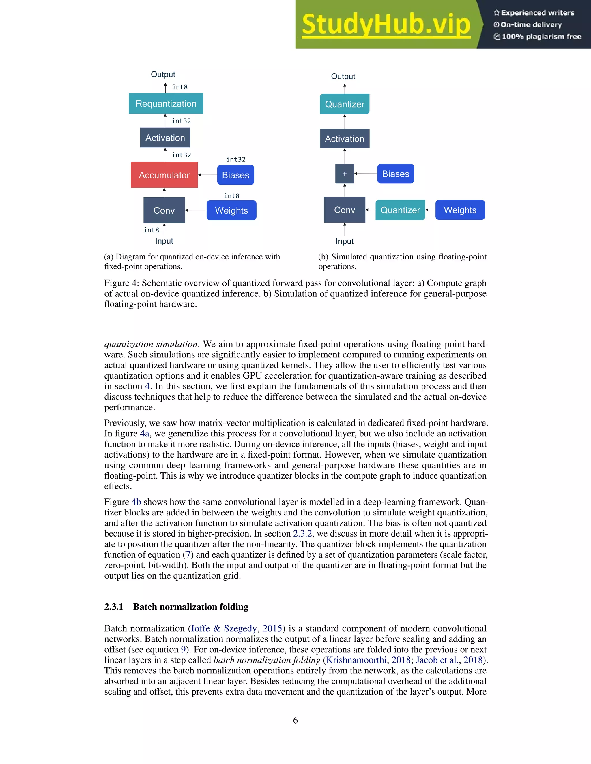 Conv Weights
Input
Biases
Output
int32
int8
Accumulator
int32
Requantization
Activation
int32
int8
int8
(a) Diagram for quantized on-device inference with
fixed-point operations.
Conv Weights
Input
Biases
+
Activation
Quantizer
Quantizer
Output
(b) Simulated quantization using floating-point
operations.
Figure 4: Schematic overview of quantized forward pass for convolutional layer: a) Compute graph
of actual on-device quantized inference. b) Simulation of quantized inference for general-purpose
floating-point hardware.
quantization simulation. We aim to approximate fixed-point operations using floating-point hard-
ware. Such simulations are significantly easier to implement compared to running experiments on
actual quantized hardware or using quantized kernels. They allow the user to efficiently test various
quantization options and it enables GPU acceleration for quantization-aware training as described
in section 4. In this section, we first explain the fundamentals of this simulation process and then
discuss techniques that help to reduce the difference between the simulated and the actual on-device
performance.
Previously, we saw how matrix-vector multiplication is calculated in dedicated fixed-point hardware.
In figure 4a, we generalize this process for a convolutional layer, but we also include an activation
function to make it more realistic. During on-device inference, all the inputs (biases, weight and input
activations) to the hardware are in a fixed-point format. However, when we simulate quantization
using common deep learning frameworks and general-purpose hardware these quantities are in
floating-point. This is why we introduce quantizer blocks in the compute graph to induce quantization
effects.
Figure 4b shows how the same convolutional layer is modelled in a deep-learning framework. Quan-
tizer blocks are added in between the weights and the convolution to simulate weight quantization,
and after the activation function to simulate activation quantization. The bias is often not quantized
because it is stored in higher-precision. In section 2.3.2, we discuss in more detail when it is appropri-
ate to position the quantizer after the non-linearity. The quantizer block implements the quantization
function of equation (7) and each quantizer is defined by a set of quantization parameters (scale factor,
zero-point, bit-width). Both the input and output of the quantizer are in floating-point format but the
output lies on the quantization grid.
2.3.1 Batch normalization folding
Batch normalization (Ioffe  Szegedy, 2015) is a standard component of modern convolutional
networks. Batch normalization normalizes the output of a linear layer before scaling and adding an
offset (see equation 9). For on-device inference, these operations are folded into the previous or next
linear layers in a step called batch normalization folding (Krishnamoorthi, 2018; Jacob et al., 2018).
This removes the batch normalization operations entirely from the network, as the calculations are
absorbed into an adjacent linear layer. Besides reducing the computational overhead of the additional
scaling and offset, this prevents extra data movement and the quantization of the layer’s output. More
6
 