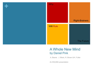 A Whole New Mindby Daniel Pink  A. Beane,  J. Black, R. Brown & K. Fuller An EDU584 presentation Why Right-Brainers Will Rule The Future 