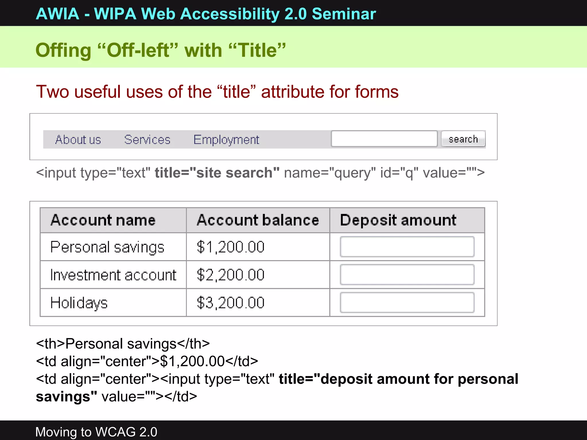 Two useful uses of the “title” attribute for forms <input type=&quot;text&quot;  title=&quot;site search&quot;  name=&quot;query&quot; id=&quot;q&quot; value=&quot;&quot;> Offing “Off-left” with “Title” <th>Personal savings</th> <td align=&quot;center&quot;>$1,200.00</td> <td align=&quot;center&quot;><input type=&quot;text&quot;  title=&quot;deposit amount for personal savings&quot;  value=&quot;&quot;></td>   