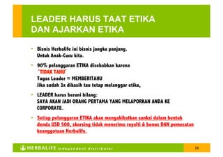 LEADER HARUS TAAT ETIKA
DAN AJARKAN ETIKA

•  Bisnis Herbalife ini bisnis jangka panjang.
   Untuk Anak-Cucu kita.
•  90% pelanggaran ETIKA disebabkan karena
   ‘TIDAK TAHU’
   Tugas Leader = MEMBERITAHU
   Jika sudah 3x dikasih tau tetap melanggar etika,
•  LEADER harus berani bilang:
   SAYA AKAN JADI ORANG PERTAMA YANG MELAPORKAN ANDA KE
   CORPORATE.
•  Setiap pelanggaran ETIKA akan mengakibatkan sanksi dalam bentuk
   denda USD 500, skorsing tidak menerima royalti & bonus DAN pemecatan
   keanggotaan Herbalife.


            Independent distributor                                       24
 