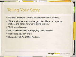 Telling Your Story
Develop the story…tell the impact you want to achieve.
―This is what we want to change…the difference I want to
make…and here’s how we’re going to do it.‖
Tell it to real people.
Personal relationships, engaging…two versions.
Make sure you can live it.
Strengths, USPs, UBPs, Position.
 