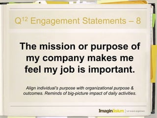 Q12 Engagement Statements – 8

 The mission or purpose of
  my company makes me
  feel my job is important.
  Align individual’s purpose with organizational purpose &
 outcomes. Reminds of big-picture impact of daily activities.
 