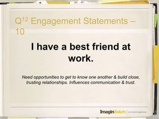 Q12 Engagement Statements –
10
     I have a best friend at
              work.
 Need opportunities to get to know one another & build close,
  trusting relationships. Influences communication & trust.
 