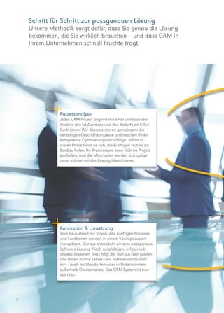 8
Schritt für Schritt zur passgenauen Lösung
Unsere Methodik sorgt dafür, dass Sie genau die Lösung
bekommen, die Sie wirklich brauchen – und dass CRM in
Ihrem Unternehmen schnell Früchte trägt.
Konzeption  Umsetzung
Vom Ist-Zustand zur Vision: Alle künftigen Prozesse
und Funktionen werden in einem Konzept zusam-
mengefasst. Daraus entwickeln wir eine passgenaue
Software-Lösung. Nach sorgfältigen, erfolgreich
abgeschlossenen Tests folgt der Roll-out: Wir spielen
alle Daten in Ihre Server- und Softwarelandschaft
ein – auch an Standorten oder in Unternehmen
außerhalb Deutschlands. Das CRM-System ist nun
startklar.
Prozessanalyse
Jedes CRM-Projekt beginnt mit einer umfassenden
Analyse des Ist-Zustands und des Bedarfs an CRM-
Funktionen. Wir dokumentieren gemeinsam die
derzeitigen Geschäftsprozesse und machen Ihnen
kompetente Optimierungsvorschläge. Schon in
dieser Phase lohnt es sich, die künftigen Nutzer an
Bord zu holen. Ihr Praxiswissen kann früh ins Projekt
einfließen, und die Mitarbeiter werden sich später
umso stärker mit der Lösung identifizieren.
 
