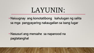 LAYUNIN:
• Naiuugnay ang konotatibong kahulugan ng salita
sa mga pangyayaring nakaugalian sa isang lugar
• Nasusuri ang mensahe sa napanood na
pagtatanghal
 