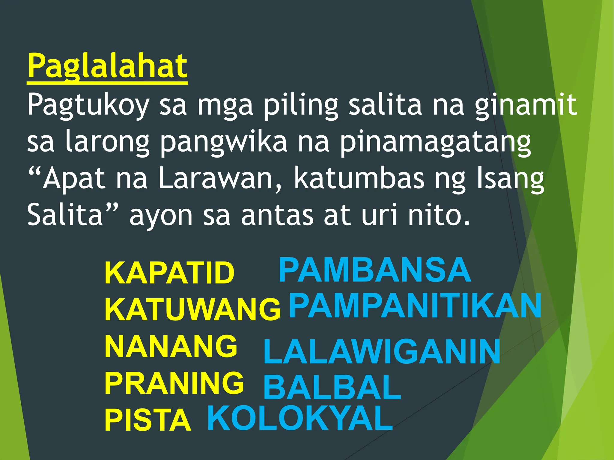 Paglalahat
Pagtukoy sa mga piling salita na ginamit
sa larong pangwika na pinamagatang
“Apat na Larawan, katumbas ng Isang
Salita” ayon sa antas at uri nito.
KAPATID
KATUWANG
NANANG
PRANING
PISTA
PAMBANSA
PAMPANITIKAN
LALAWIGANIN
BALBAL
KOLOKYAL
 