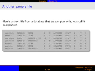 Examples Sample File
Another sample ﬁle
Here’s a short ﬁle from a database that we can play with, let’s call it
sample2.txt.
psmith01 CLASS2B YEAR2 1 N ADVANCED STAFF 1 Y Y
smehta CLASS3G LOCAL 1 Y STANDARD PUPIL 2.1 N Y
mrsjohns SNHOJ UNRESTRICTED -1 Y ADVANCED STAFF 2 Y N
psmith02 CLASS4D UKSCHOOLS 0 N ADVANCED STAFF 10 Y Y
scohen CLASS3G LOCAL 2 Y STANDARD PUPIL 1 N N
swright CLASS1J YEAR1 1 N STANDARD PUPIL 1 N Y
amarkov CLASS4E UKSCHOOLS 3 Y STANDARD PUPIL 1 N N
6 / 19
Colloquium - awk, v1.0
A. Magee
 