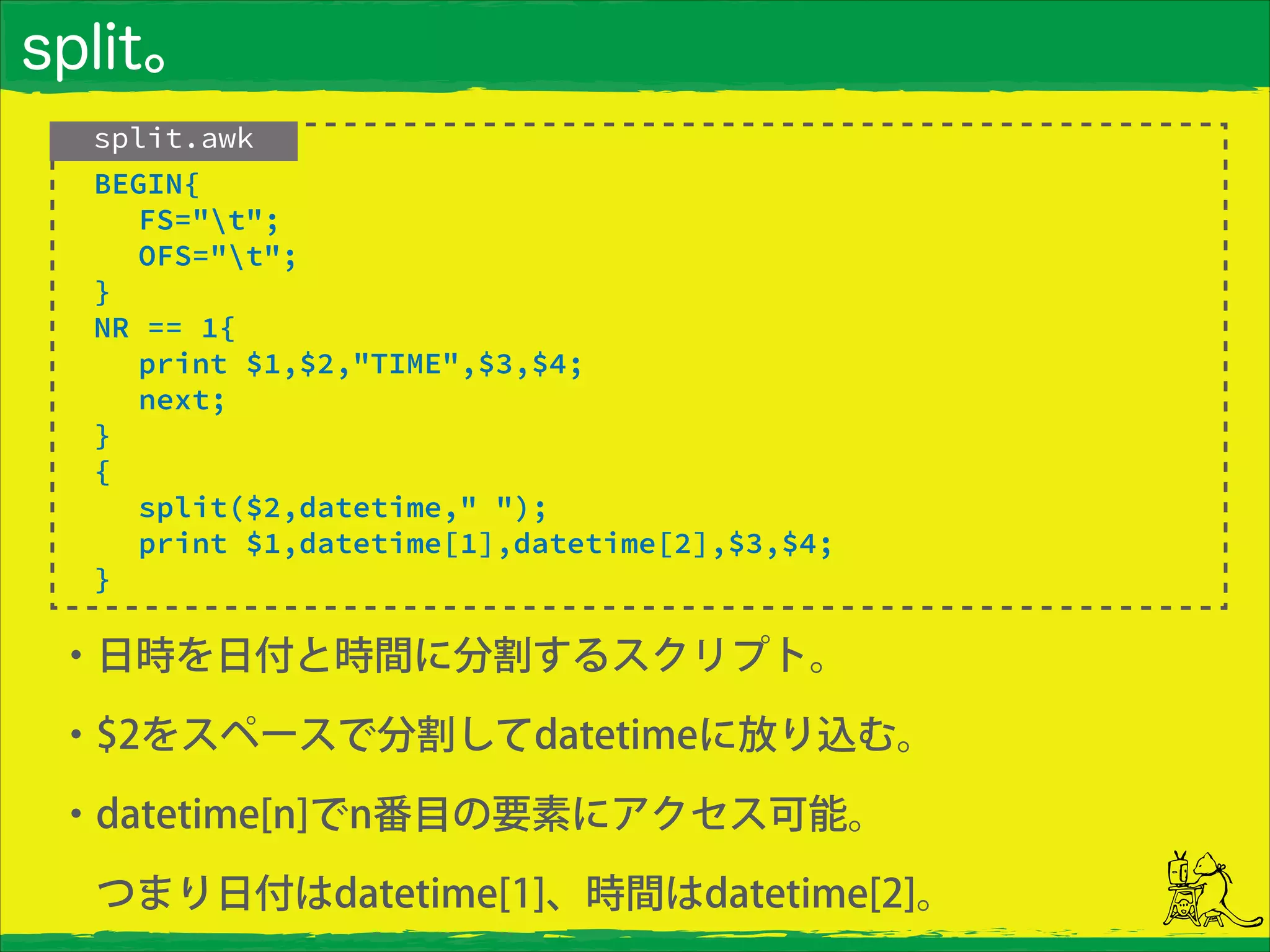 split。
・日時を日付と時間に分割するスクリプト。
・$2をスペースで分割してdatetimeに放り込む。
・datetime[n]でn番目の要素にアクセス可能。
 つまり日付はdatetime[1]、時間はdatetime[2]。
split.awk
BEGIN{
FS="t";
OFS="t";
}
NR == 1{
print $1,$2,"TIME",$3,$4;
next;
}
{
split($2,datetime," ");
print $1,datetime[1],datetime[2],$3,$4;
}
 