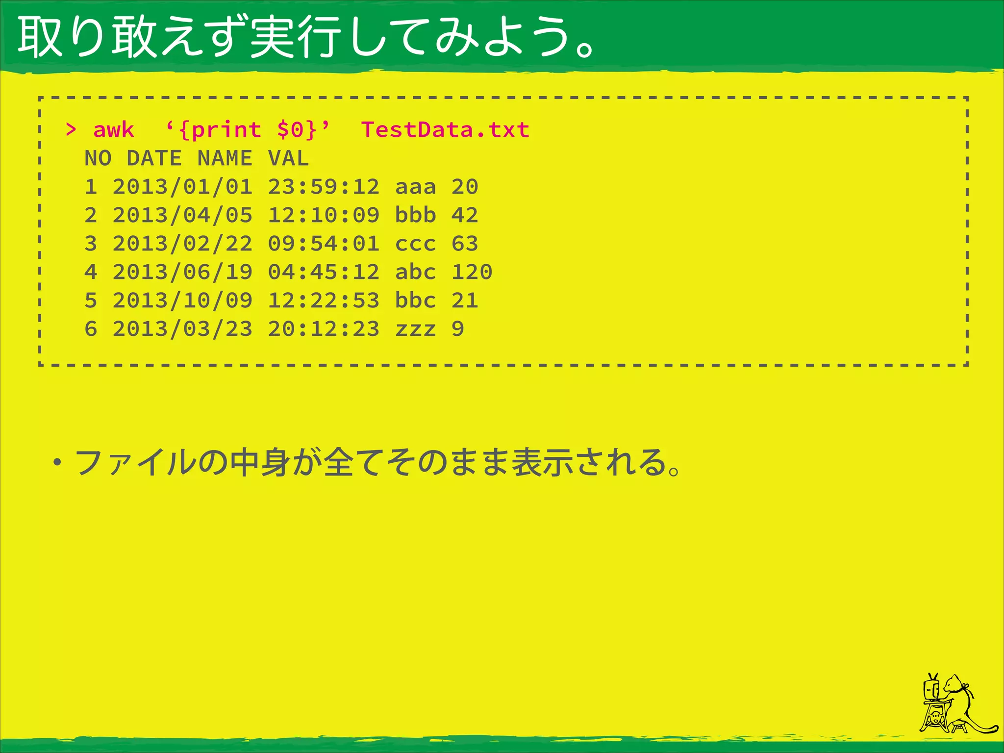 取り敢えず実行してみよう。
・ファイルの中身が全てそのまま表示される。
> awk ‘{print $0}’ TestData.txt
NO DATE NAME VAL
1 2013/01/01 23:59:12 aaa 20
2 2013/04/05 12:10:09 bbb 42
3 2013/02/22 09:54:01 ccc 63
4 2013/06/19 04:45:12 abc 120
5 2013/10/09 12:22:53 bbc 21
6 2013/03/23 20:12:23 zzz 9
 