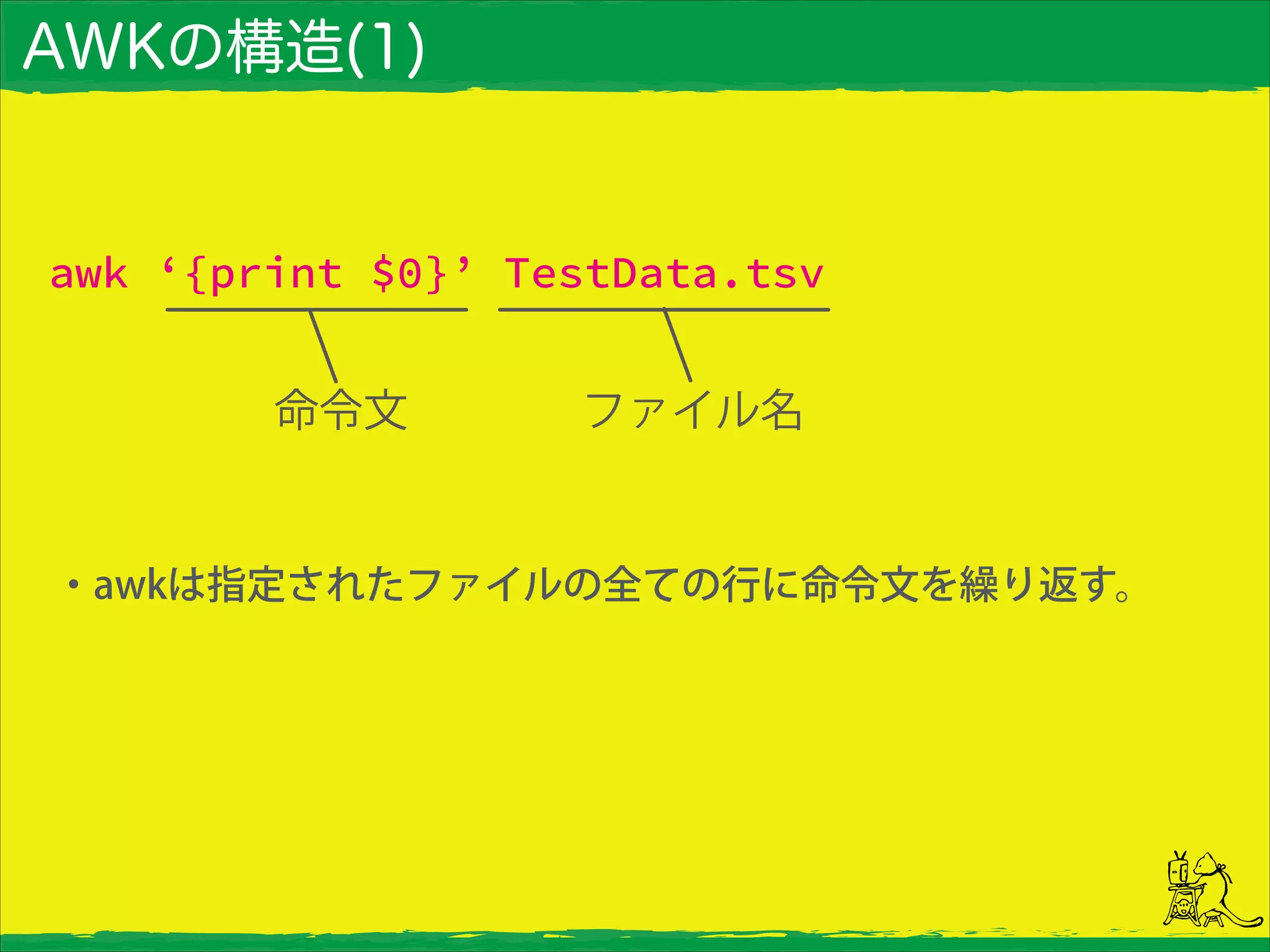 AWKの構造(1)
・awkは指定されたファイルの全ての行に命令文を繰り返す。
awk ‘{print $0}’ TestData.tsv
 