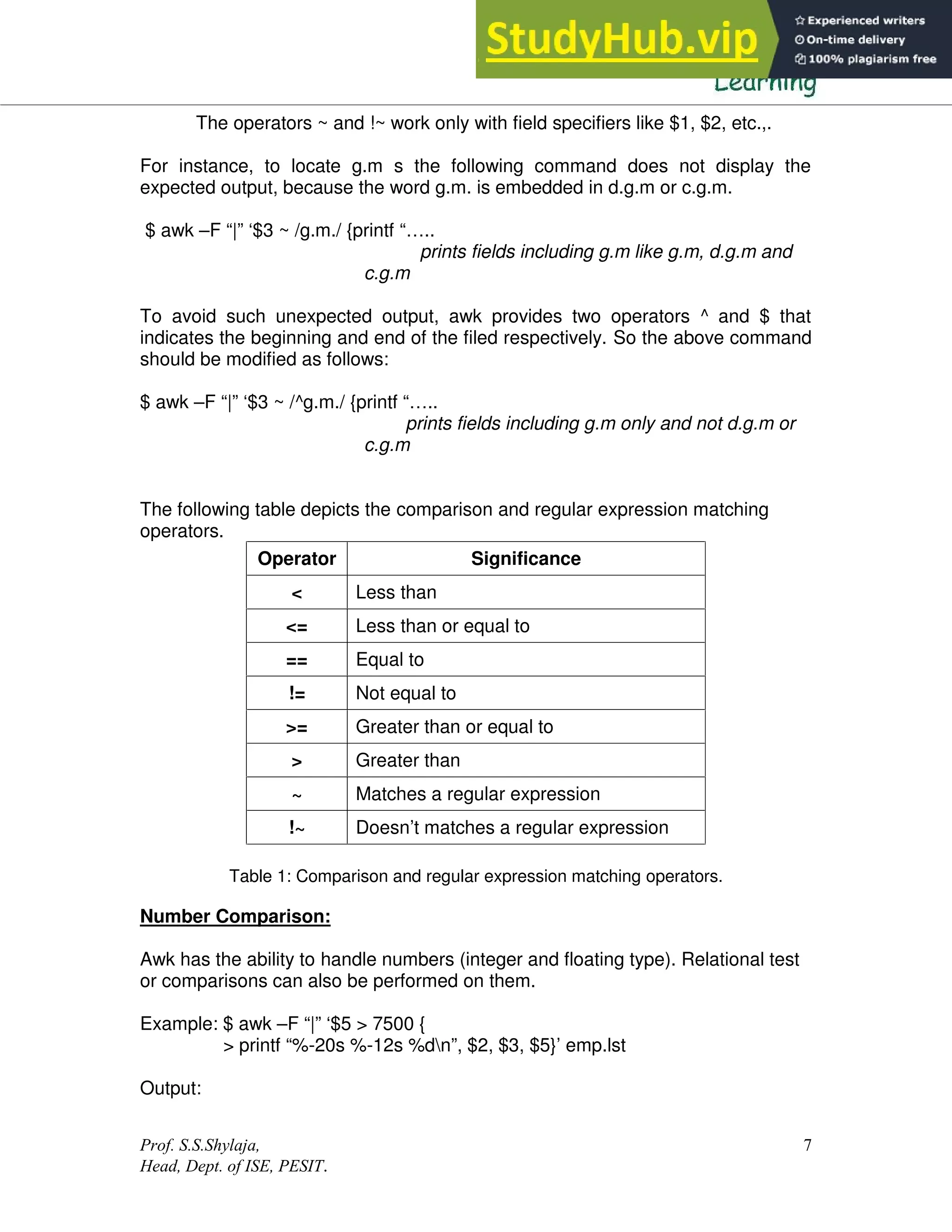 Prof. S.S.Shylaja,
Head, Dept. of ISE, PESIT.
7
The operators ~ and !~ work only with field specifiers like $1, $2, etc.,.
For instance, to locate g.m s the following command does not display the
expected output, because the word g.m. is embedded in d.g.m or c.g.m.
$ awk –F “|” ‘$3 ~ /g.m./ {printf “…..
prints fields including g.m like g.m, d.g.m and
c.g.m
To avoid such unexpected output, awk provides two operators ^ and $ that
indicates the beginning and end of the filed respectively. So the above command
should be modified as follows:
$ awk –F “|” ‘$3 ~ /^g.m./ {printf “…..
prints fields including g.m only and not d.g.m or
c.g.m
The following table depicts the comparison and regular expression matching
operators.
Operator Significance
< Less than
<= Less than or equal to
== Equal to
!= Not equal to
>= Greater than or equal to
> Greater than
~ Matches a regular expression
!~ Doesn’t matches a regular expression
Table 1: Comparison and regular expression matching operators.
Number Comparison:
Awk has the ability to handle numbers (integer and floating type). Relational test
or comparisons can also be performed on them.
Example: $ awk –F “|” ‘$5 > 7500 {
> printf “%-20s %-12s %dn”, $2, $3, $5}’ emp.lst
Output:
 
